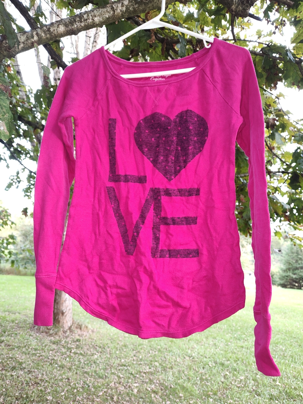 American Eagle Outfitters Hot Pink Long Sleeve 'LOVE' Waffle Knit Tee